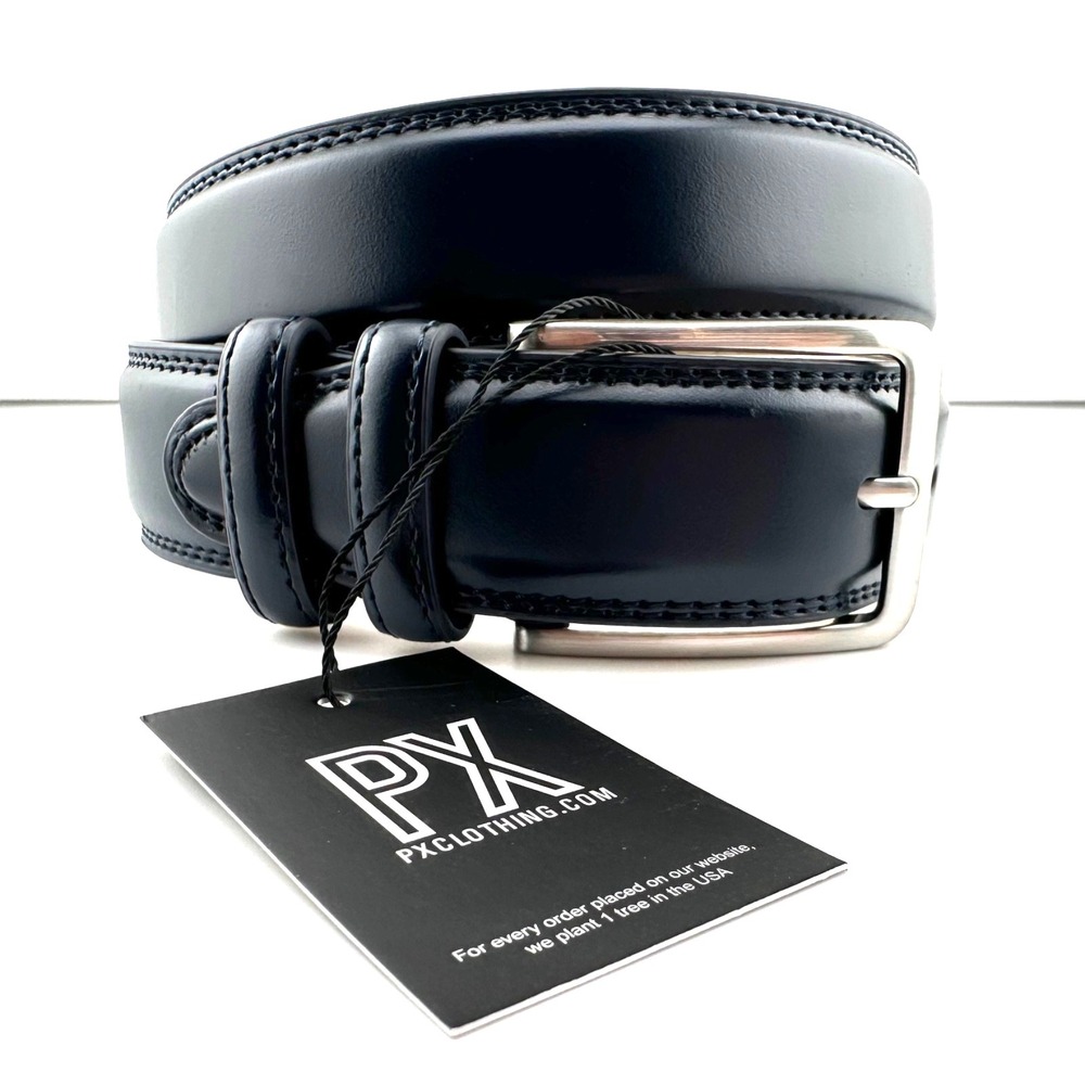 PX CLOTHING Dark Navy Blue Leather Belt Stainless Steel Buckle‎ Men's 30 NEW